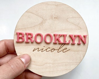 Personalized 3D baby name disc/ Wooden Baby disc  / baby announcement disc /  wooden birth announcements / newborn photo disc