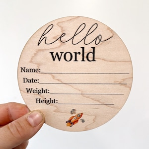 Disque Hello world / Disque bébé en bois / Disque de faire-part bébé / Faire-part de naissance en bois / Disque photo nouveau-né