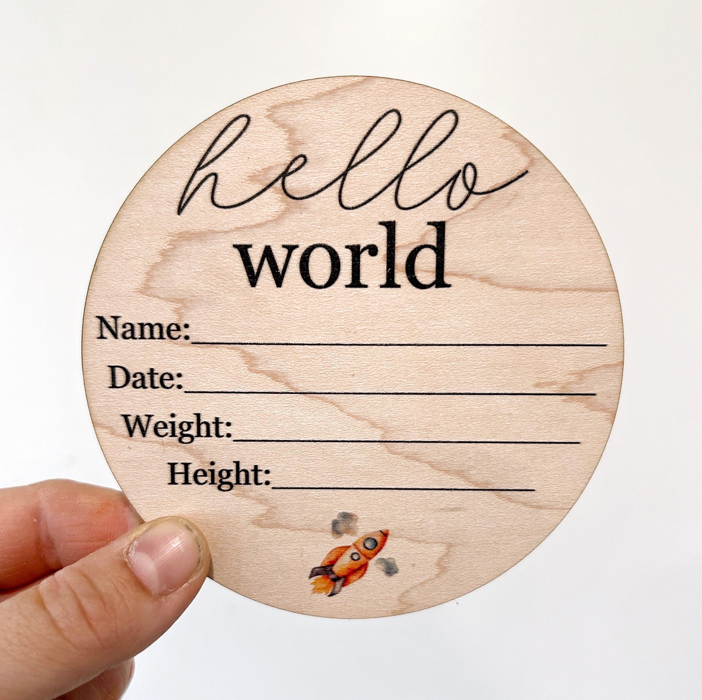 hello world disc/ Wooden Baby disc  / baby announcement disc /  wooden birth announcements / newborn photo disc