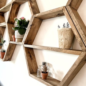 Set of 3 LARGE hexagon shelves / honeycomb shelves / rustic shelves / floating shelves / hexagon floating shelves / hexagon shelf