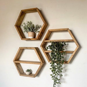 Set of 3 LARGE hexagon shelves / honeycomb shelves / rustic shelves / floating shelves / hexagon floating shelves / hexagon shelf