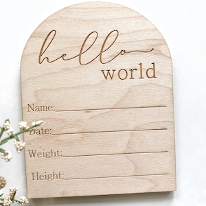 Bonjour tout le monde / Disque pour bébé en bois / plaque pour bébé en bois / disque d'informations sur le bébé / disque pour voûte plantaire