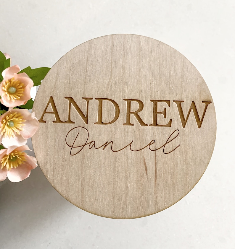 Personalized baby name disc/ Wooden Baby disc / baby announcement disc / wooden birth announcements / newborn photo disc image 3