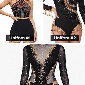 May include: Three black dance uniforms with gold and red embellishments. Uniform #1 features a halter top and shorts. Uniforms #2 and #3 are long-sleeved bodysuits with fringe and jewel details. The text "Uniform #1", "Uniform #2", and "Uniform #3" are displayed.