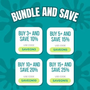 May include: A teal graphic with the text "BUNDLE AND SAVE" at the top. Four white boxes display discount offers: Buy 3+ and save 10%, Buy 5+ and save 15%, Buy 10+ and save 20%, and Buy 15+ and save 25%. Each box includes a unique discount code.