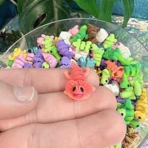 May include: A close-up of a small, coral-colored lizard-like polymer clay figure with a smiling face, held in a hand. The figure is surrounded by a variety of colorful polymer clay shapes in a clear bowl, including green, purple, and yellow.