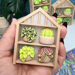 Op de afbeelding: Een miniatuur beige kunststof kassenrek met twee niveaus. De bovenste plank bevat een groen bonte plant en een gele cactus in een pot met houtnerf. De onderste plank bevat een felgroene bladplant en een plant met rode nerven.