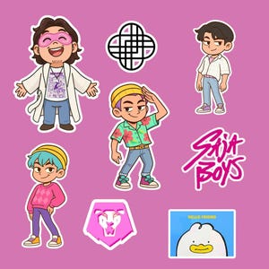 May include: A collection of cartoon stickers on a pink background. The stickers feature various characters, a geometric design, a lion crest, and the text "Saja Boys" and "Hello Friend".