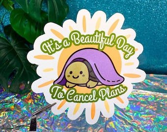 Its A Beautiful Day To Cancel Plans Vinyl Sticker: Sarcastic Humor, Funny Introvert Sticker, Laptop Decal, Water Bottle Sticker, Turtle