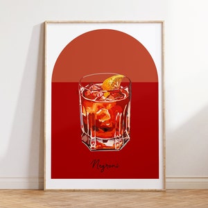 Czerwony koktajl Negroni, wydruk do stylowej dekoracji kuchni | Prezent gastronomiczny dla smakoszy | Luksusowa sztuka ścienna do jadalni Sztuka ścienna dla dżentelmena |