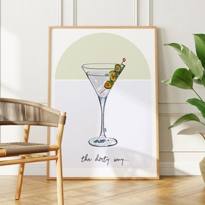 Brudny nadruk Martini do stylowej kuchni | Zielony nadruk artystyczny na koktajlu | Luksusowa sztuka ścienna do jadalni | Sztuka ścienna dla dżentelmena | Sztuka ścienna na wózek barowy