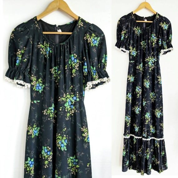 70s black floral maxi prairie style dress