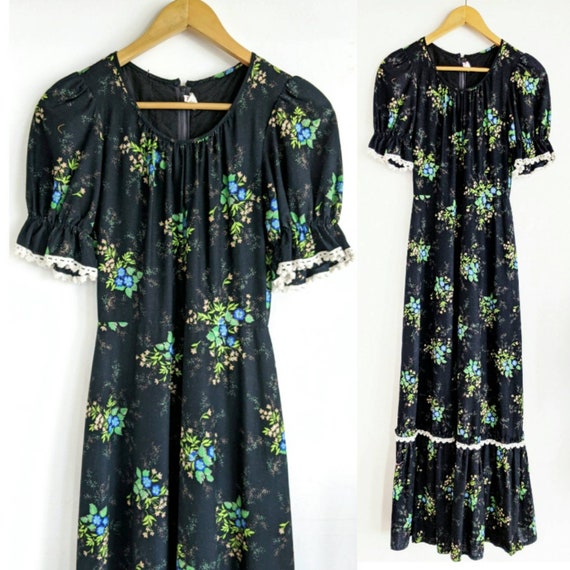 70s black floral maxi prairie style dress