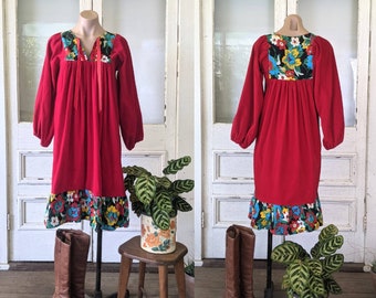 70s Vintage Floral | Red Cotton Velvet Peasant Dress