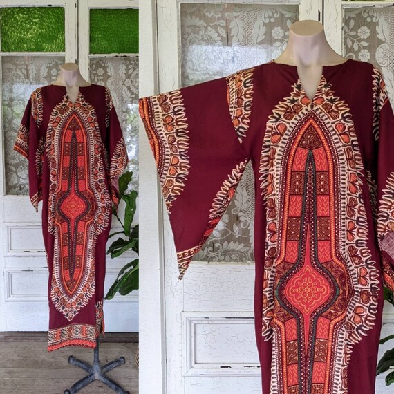 Vintage 70s Dashiki Kaftan | Blockprint Maxi | Ang