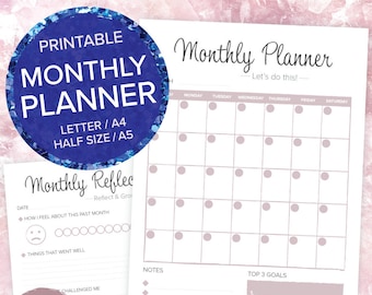 Monthly Planner & Reflection Printable | Letter | A4 | A5 | Half Letter | PDF Printable
