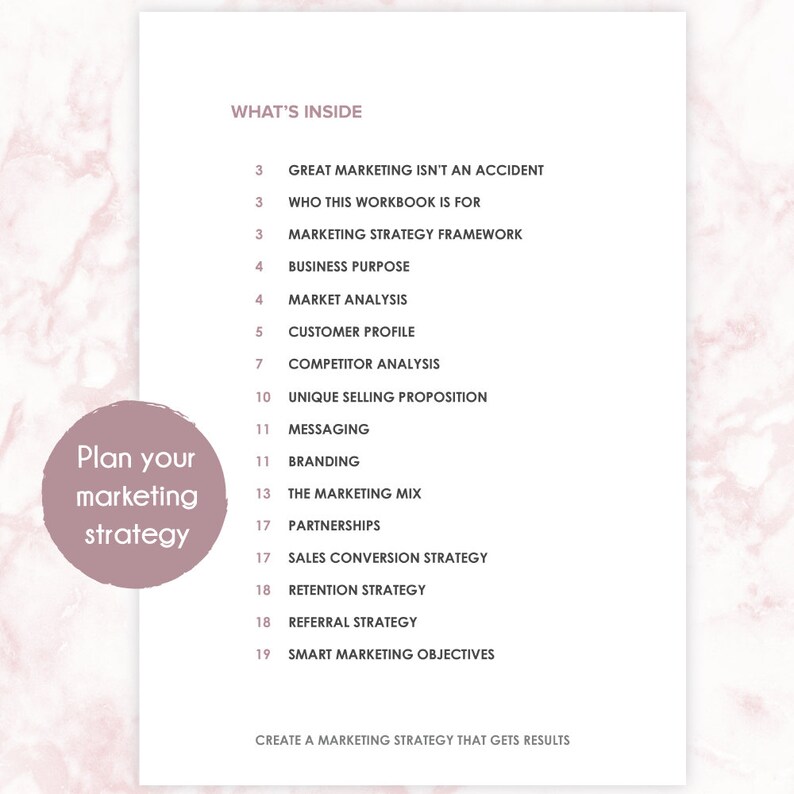 Puede incluir: Un fondo de m&aacute;rmol rosa y blanco con una lista de temas de estrategia de marketing y n&uacute;meros de p&aacute;gina. El texto "Plan your marketing strategy" est&aacute; en un c&iacute;rculo en el lado izquierdo de la p&aacute;gina.