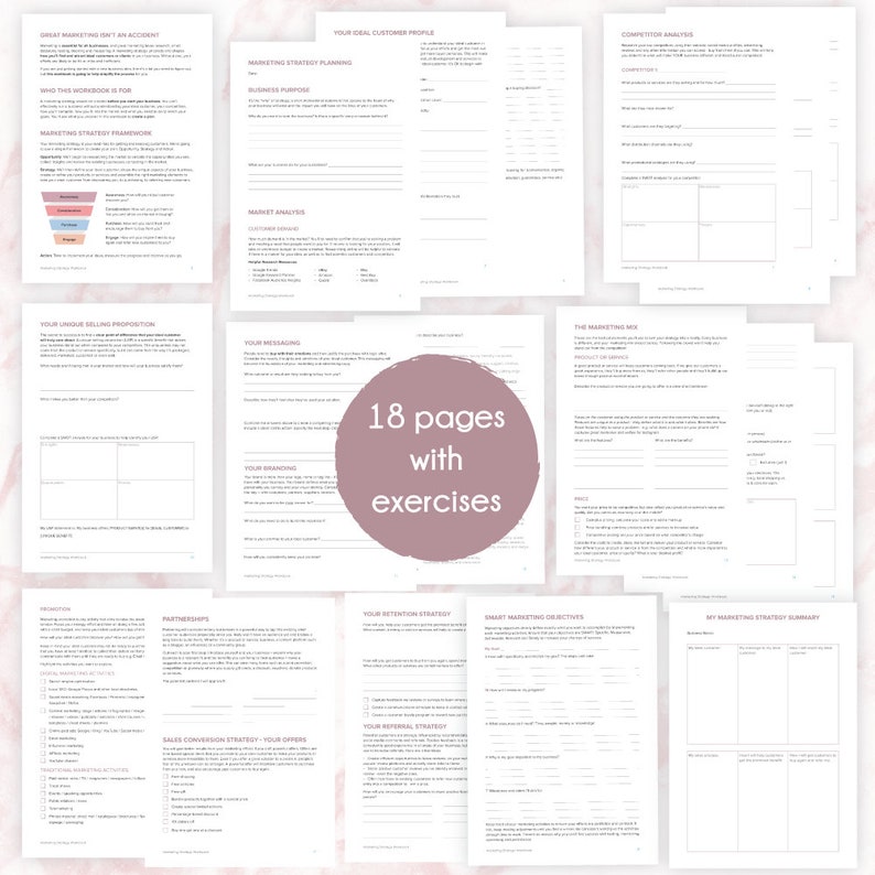 Puede incluir: Un cuaderno de marketing rosa y blanco con 18 p&aacute;ginas de ejercicios. El cuaderno incluye secciones sobre planificaci&oacute;n de la estrategia de marketing, an&aacute;lisis de mercado, an&aacute;lisis de la competencia, la mezcla de marketing, su propuesta de venta &uacute;nica, su mensaje, su marca, estrategia de conversi&oacute;n de ventas, sus ofertas, su estrategia de retenci&oacute;n, objetivos de marketing inteligentes, su estrategia de recomendaci&oacute;n y el resumen de mi estrategia de marketing.