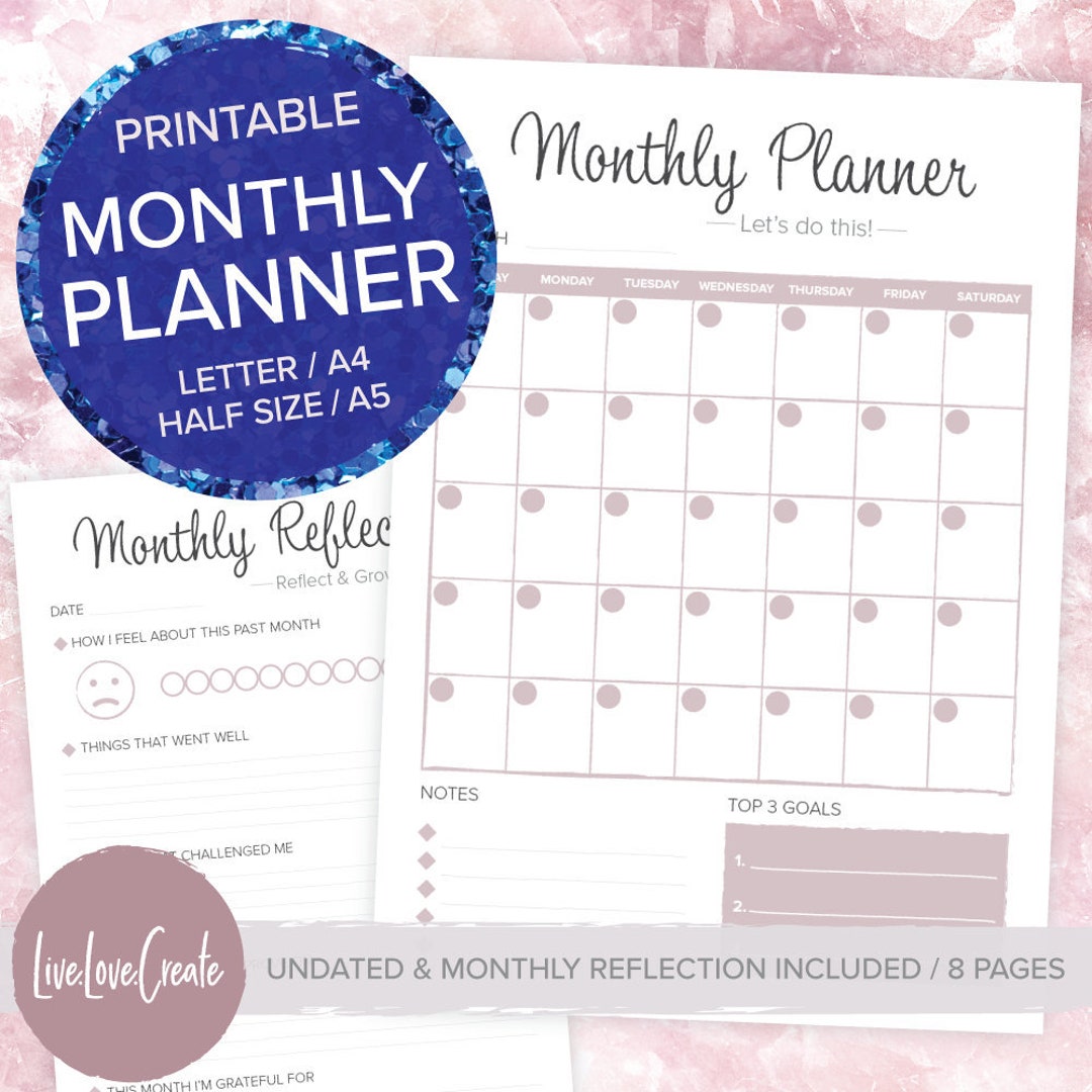 Monthly Planner &amp; Reflection Printable | Letter | A4 | A5 | Half Letter ...