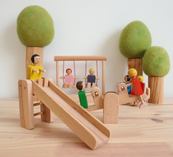 Wooden Playground Set With Wooden Dolls/ Montessori Wooden Toys