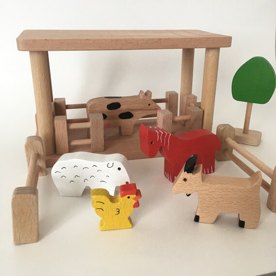 Wooden Farm Animal Set With Barn Horse Stable Etsy