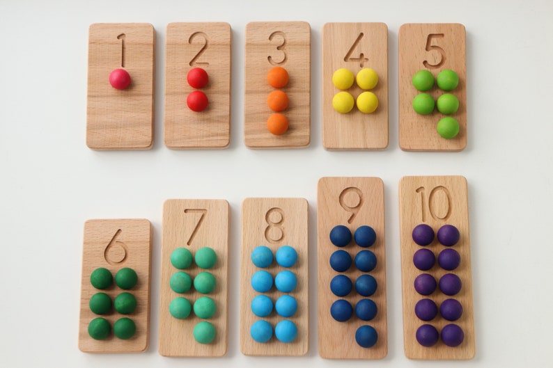 Montessori counting boards 1-10 / Wooden Counting Tiles / Wooden number counting boards Boards with 55 balls