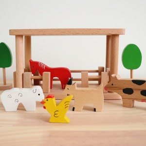 Wooden Mini  Farm Animal Set with Barn Horse Stable