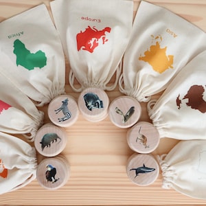 Continents and Animals Learning Set / Montessori Continent Bags with animal discs