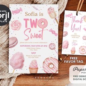 Two Sweet Two Sassy Birthday Invitation | Editable 2nd Birthday Party Invite | Digital Printable | Instant Download Corjl Template (5x7)