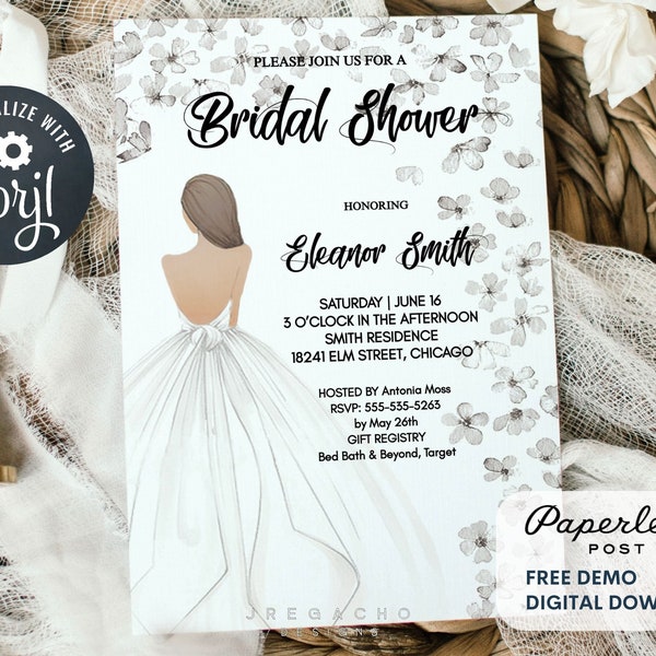 Bridal Shower Invite, Bridal Gown, Brunette, Wedding Gown Bridal Shower Invitation, Instant Download, Editable Template (5x7 or 4x6)