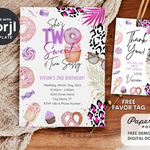 Two Sweet Two Sassy, 2nd Birthday Invite with Favor Tag, Editable Invite, Instant Download (5x7)