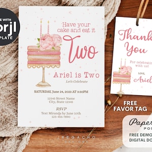 Have Your Cake & Eat It Two | 2nd Birthday Invitation + Favor Tag | Editable Cake Party Invite | Instant Download Corjl Template (5x7)