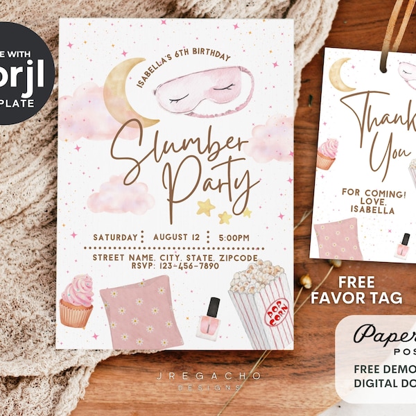 Slumber Party, Pajama Party, Birthday Invite with Favor Tag, Editable Invite, Instant Download (5x7)