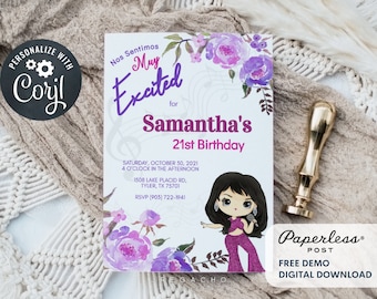 Singer Inspired Birthday, Singer Theme, Music Notes, Singer, Purple, Printable Invitation, Birthday, Instant Download (5x7 or 4x6)