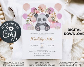 Panda Baby Shower Invitation, Watercolor Panda, Girl, Pink, Balloons, Digital, Printable, INSTANT DOWNLOAD, Editable Invite (5x7 or 4x6)