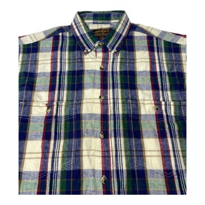 Vintage Eddie Bauer Mens Medium Blue Green Tan Plaid Flannel Button Up Shirt