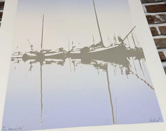 Michael Ponko Art Embossed Serigraph "Morning Fog" Signed  Sailboat 300/375