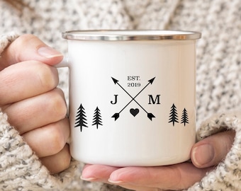 Campfire Mug Enamel Personalised Camper Mug, 10th Anniversary Gift, Tin Year Gift, Rustic Wedding Gift Travel Gift Valentines Gift