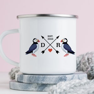 Campfire Mug Puffins in Love Enamel Personalised Camper Mug Custom Initials Mug with Est date Enamel Mug Travel Gift