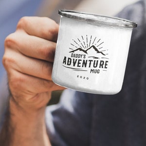 Personalised Campfire Mug Enamel, Personalised Camper Mug Mountain Print, Adventure Mug Enamel, Gift For Dad Fathers Day