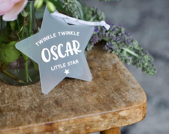 Newborn Star Keepsake, Frosted Acrylic with Liberty Ribbon (Name & Date)