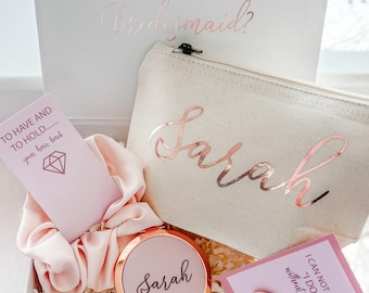 Personalized Bridesmaid Proposal Gift Box: Rose Gold Makeup Bag & Mirror