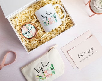 Gepersonaliseerde bloemencadeauset voor moeder | Mok, make-uptas en spiegel