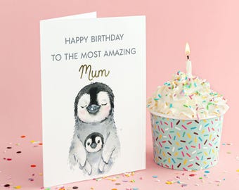 Gold Foiled Penguin Mum Birthday Card: Luxury Foil on Thick Cardstock