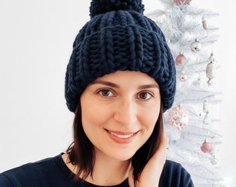 Navy Blue Oversized Beanie: Hand-knit Chunky Knit, Soft Acrylic - Winter Hat
