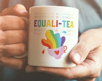 Taza de cerámica LGBTQ arcoíris, diseño de corazón EqualiTea (295 ml, apta para lavavajillas)