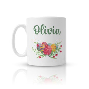 Personalised Easter Mug with Easter Egg Drawing, Handmade Ceramic Cup for Easter Gifts and Decorations