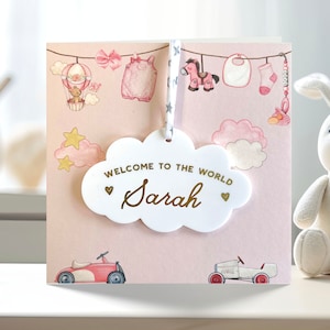 Biglietto per nuova neonata con regalo personalizzato a forma di nuvola - Biglietto di benvenuto al mondo per la piccola neonata, nastro Liberty da appendere (biglietto rosa)