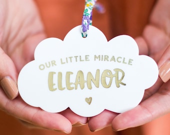Personalised Miracle Baby Keepsake: Liberty Ribbon Cloud Ornament Personalized