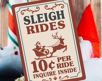 Vintage Christmas Metal Sign - Retro Sleigh Rides Kitchen Decor